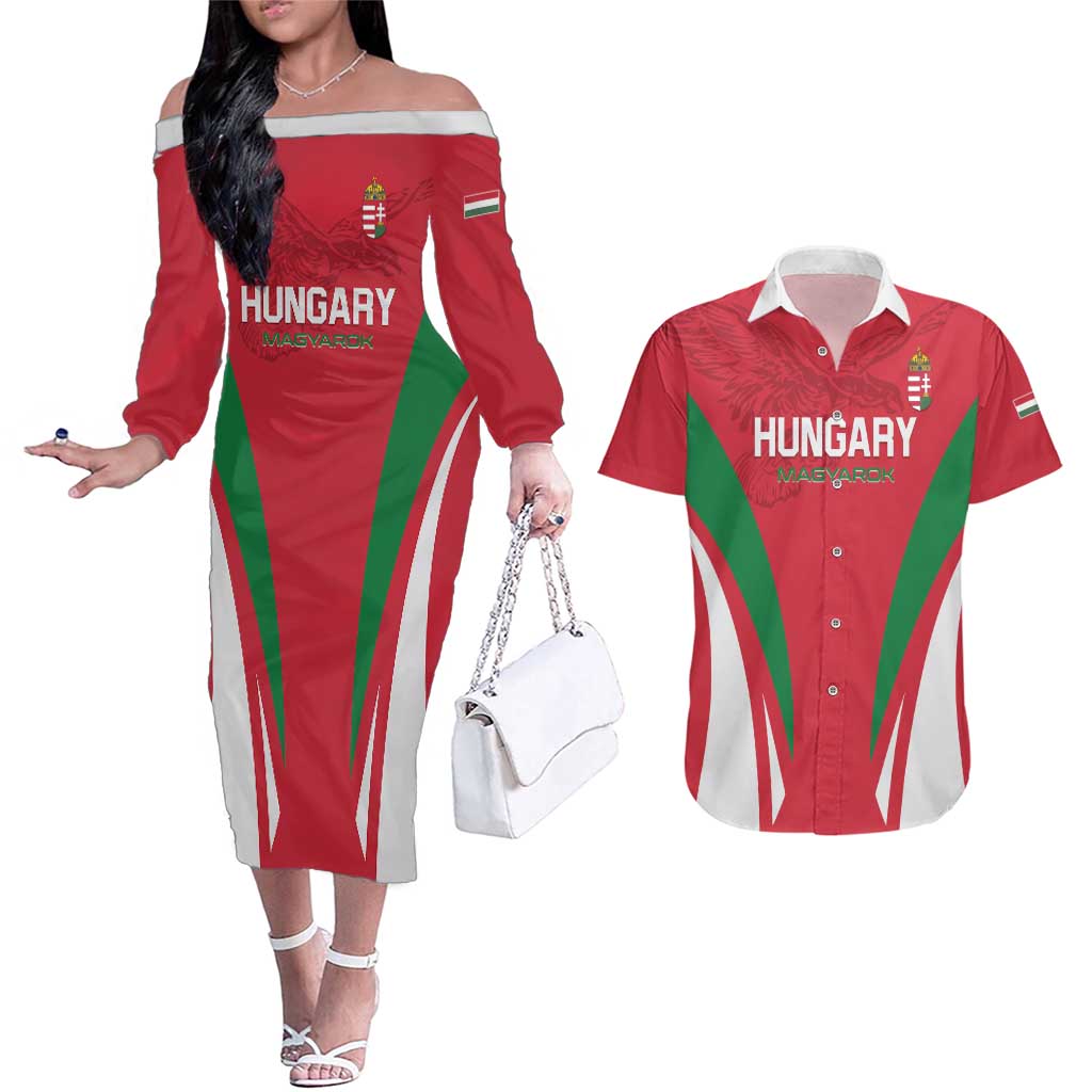 Custom Hungary 2024 Football Couples Matching Off The Shoulder Long Sleeve Dress and Hawaiian Shirt Hajra Magyarok - Wonder Print Shop