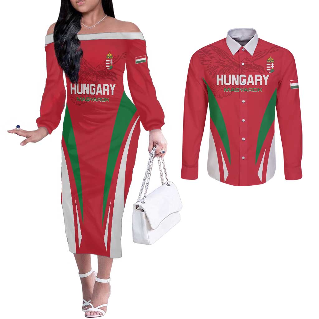 Custom Hungary 2024 Football Couples Matching Off The Shoulder Long Sleeve Dress and Long Sleeve Button Shirt Hajra Magyarok