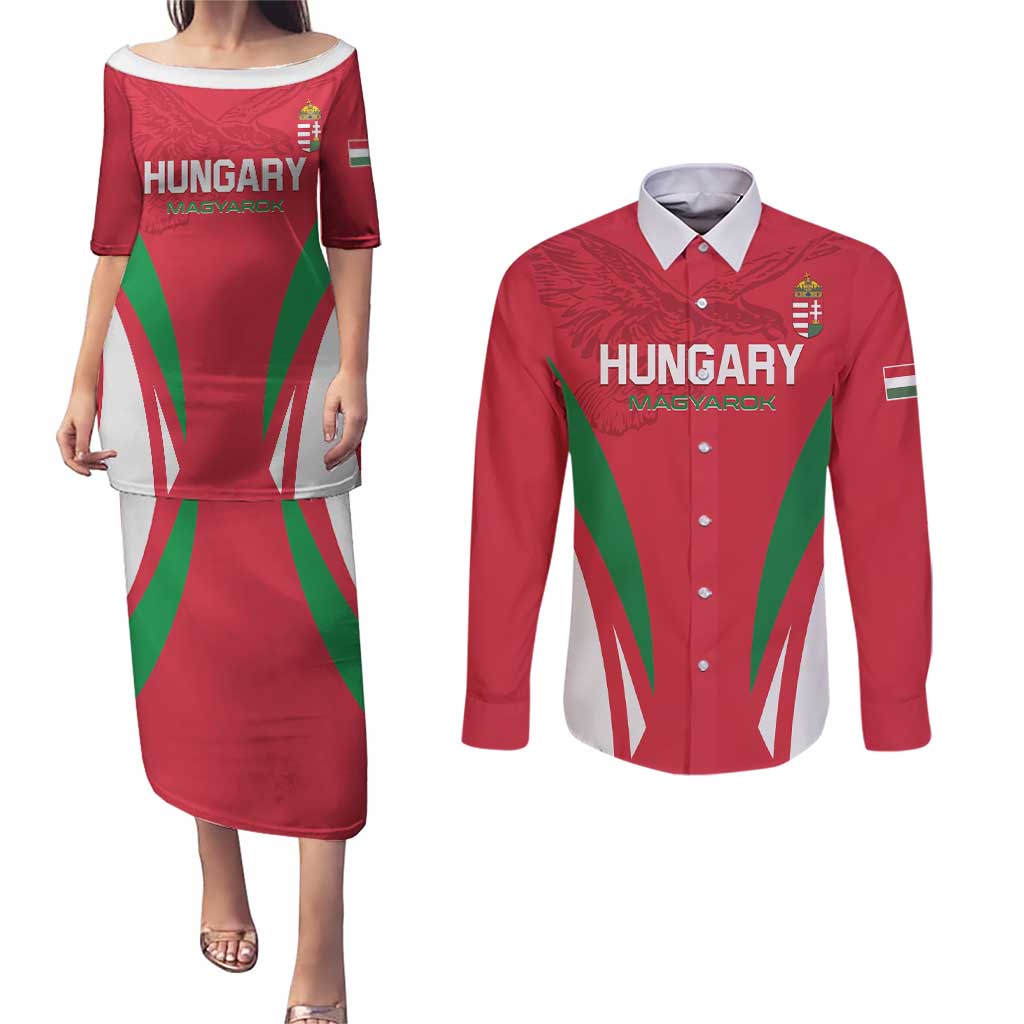 Custom Hungary 2024 Football Couples Matching Puletasi and Long Sleeve Button Shirt Hajra Magyarok - Wonder Print Shop