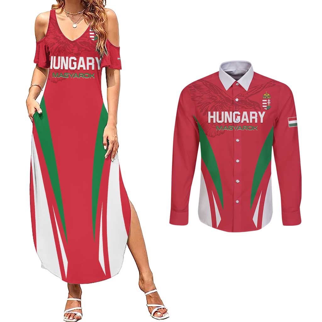 Custom Hungary 2024 Football Couples Matching Summer Maxi Dress and Long Sleeve Button Shirt Hajra Magyarok - Wonder Print Shop