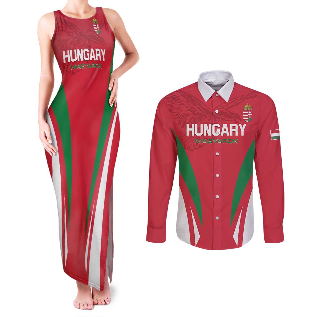 Custom Hungary 2024 Football Couples Matching Tank Maxi Dress and Long Sleeve Button Shirt Hajra Magyarok - Wonder Print Shop