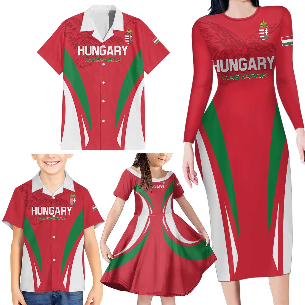 Custom Hungary 2024 Football Family Matching Long Sleeve Bodycon Dress and Hawaiian Shirt Hajra Magyarok - Wonder Print Shop