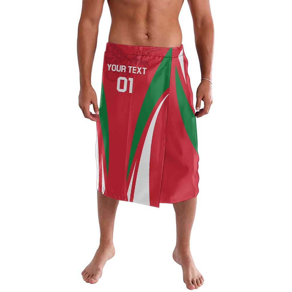 Red lavalava skirt with green and white diagonal panels, printed 'YOUR TEXT 01'.