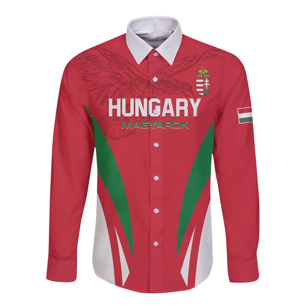 Red long-sleeve football button shirt with white collar, front logo, and Hungary lettering