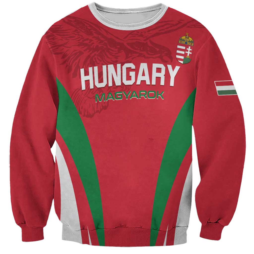 Red football sweatshirt with Hungary MagyaroK graphic and crest, green and white stripes