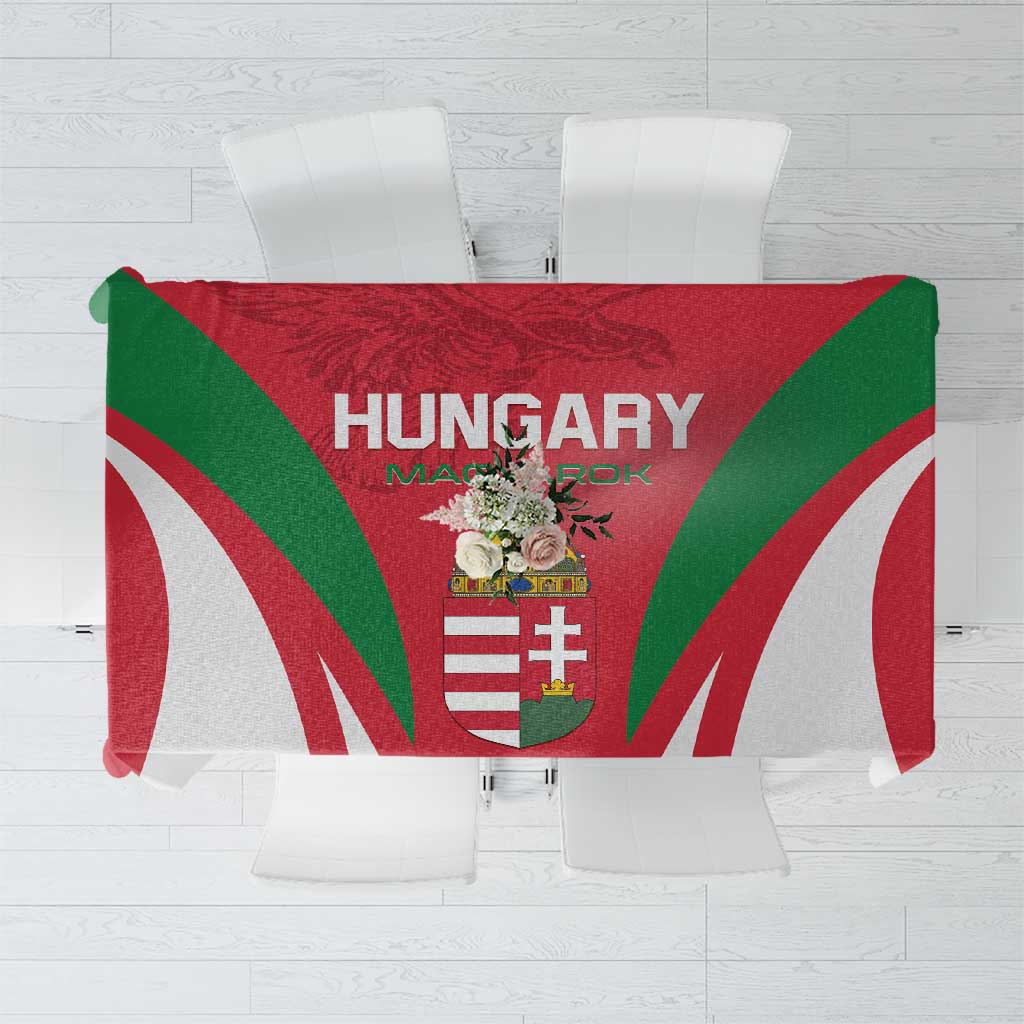 Hungary-themed red tablecloth with green accents, shield crest and bold stripes.