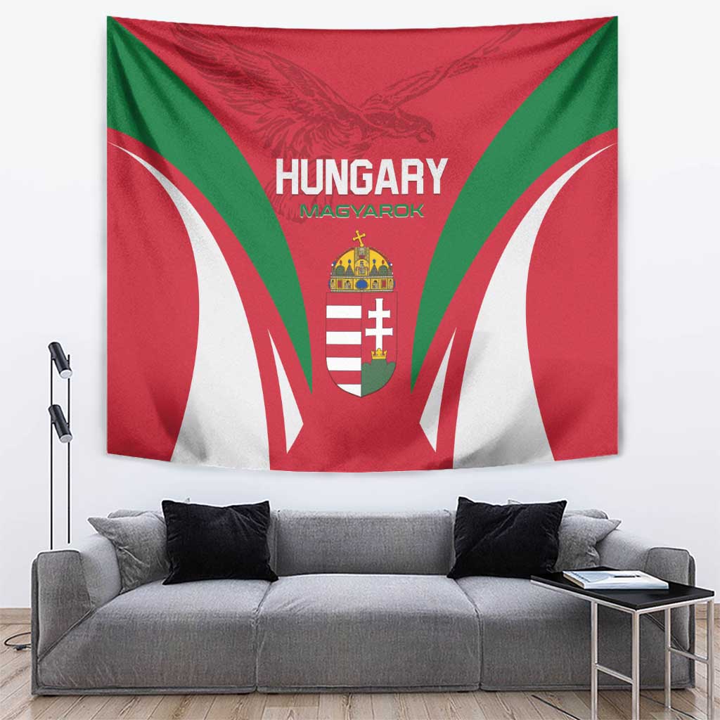 Hungary red and green flag tapestry with “HUNGARY” lettering and coat of arms