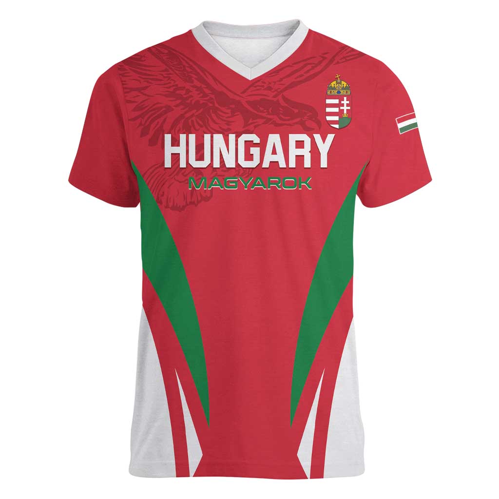 Custom Hungary 2024 Football Women V-Neck T-Shirt Hajra Magyarok - Wonder Print Shop