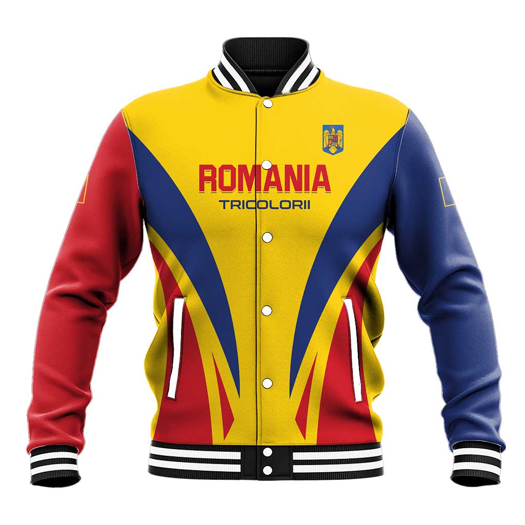Yellow varsity baseball jacket with red/blue diagonal panels, ROMANIA TRICOLORII on front