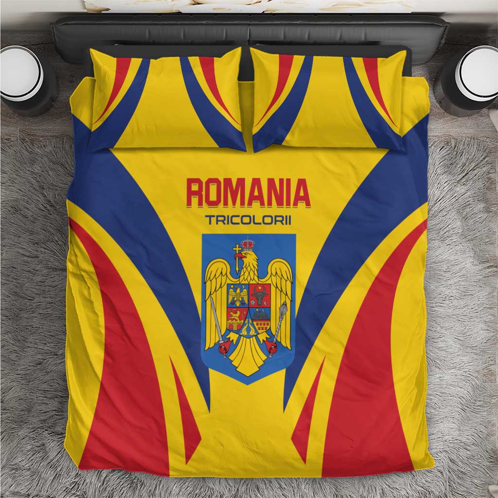 Romania football bedding set: yellow and blue duvet with red diagonal stripes and crest