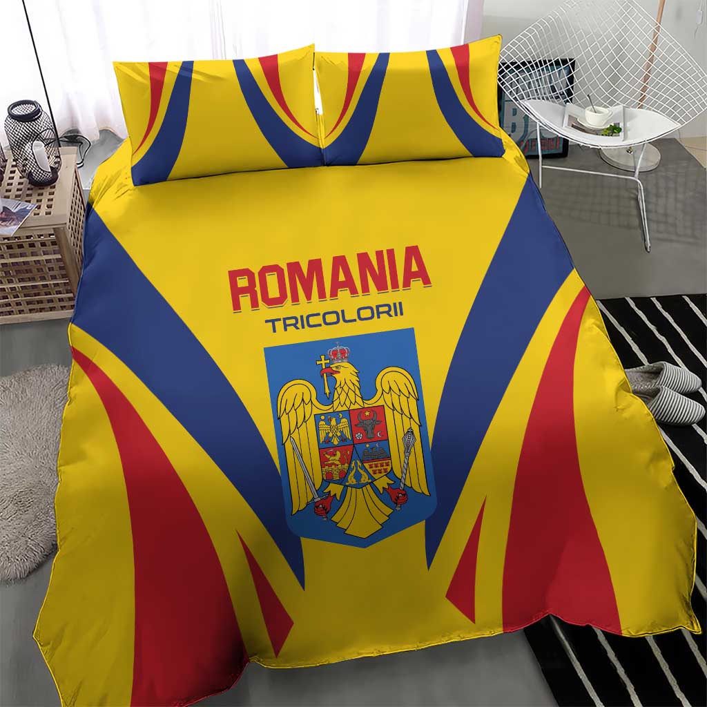 Romania football bedding set: yellow, blue, red duvet with crest and bold tricolor stripes