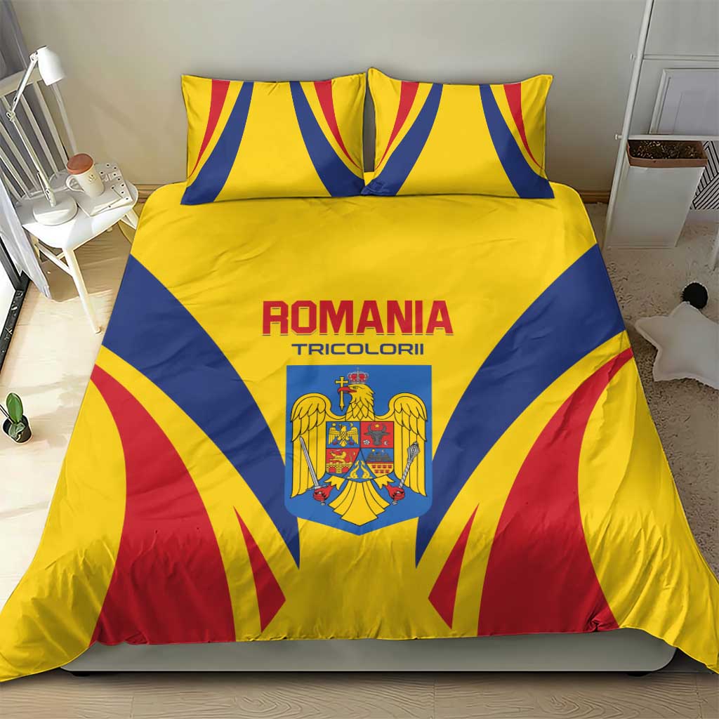 Romania football bedding set: yellow, blue, red duvet cover with crest and text