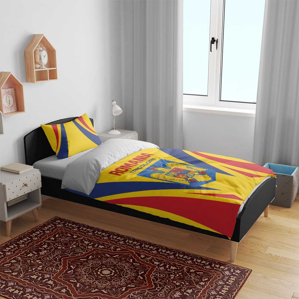 Romania football bedding set on bed: yellow duvet with blue center panel and crest