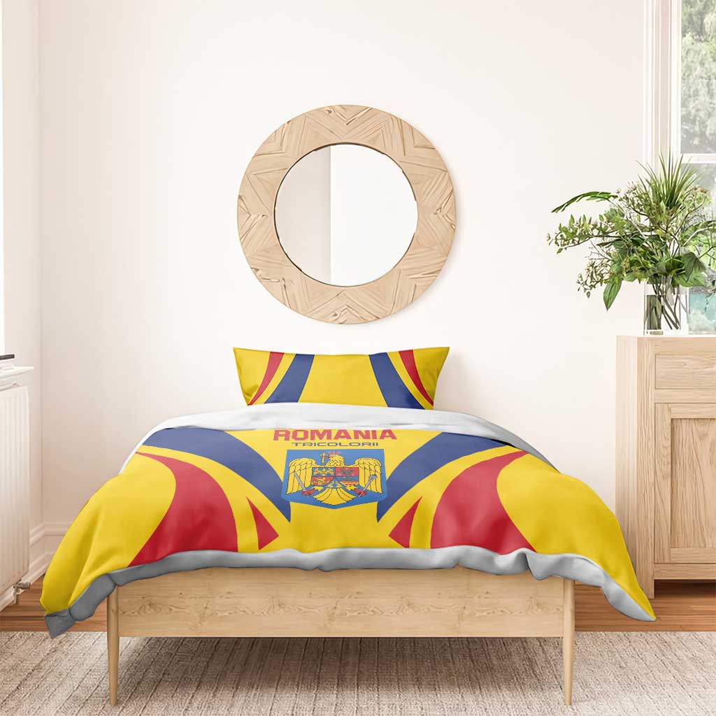 Romania football bedding set: yellow duvet with crest and tricolor stripe pattern