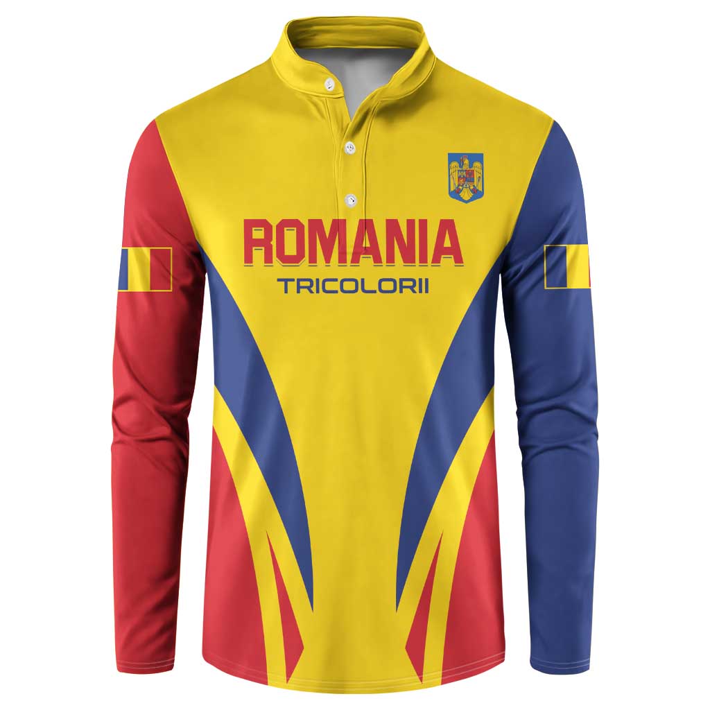 Yellow Romania football button sweatshirt with blue-red chevron and crest