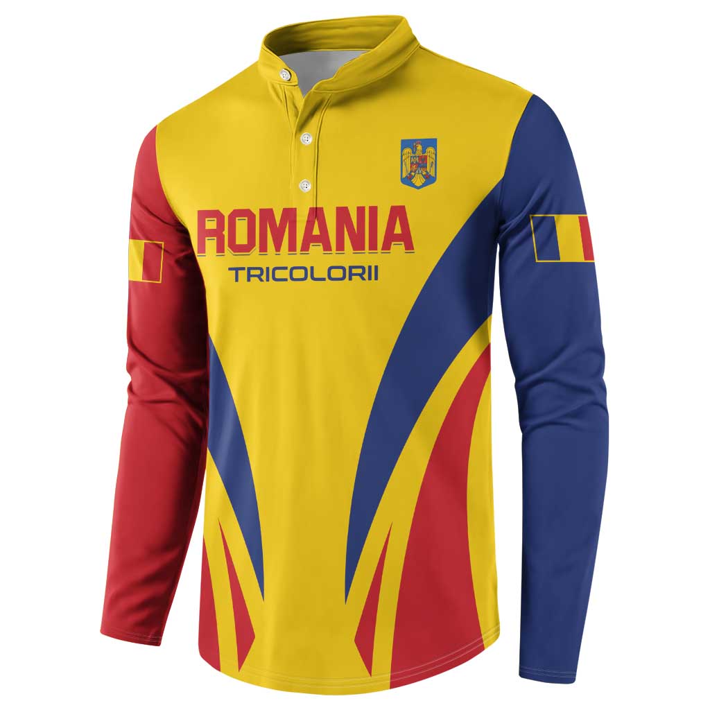 Yellow Romania football button sweatshirt front panel with crest and tricolor stripes