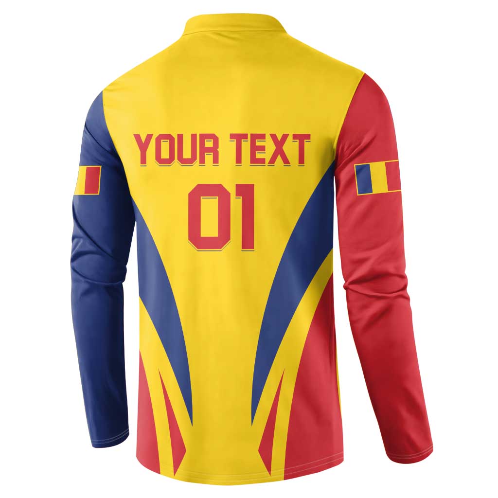 Yellow football button sweatshirt back with YOUR TEXT 01 and blue-red chevron