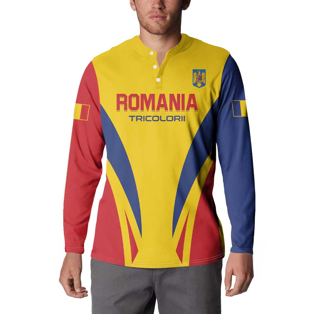 Yellow football button sweatshirt on model, Romania Tricolorii crest and chevron