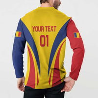 Yellow football button sweatshirt back on model with YOUR TEXT 01 and chevron