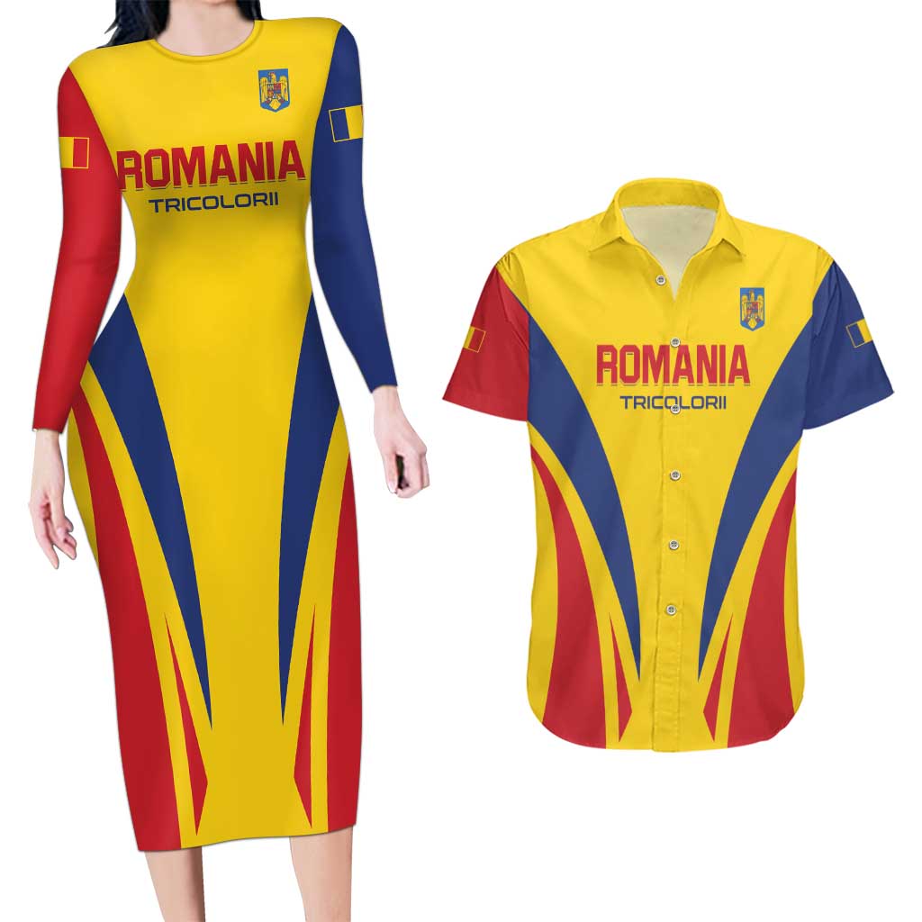 Custom Romania 2024 Football Couples Matching Long Sleeve Bodycon Dress and Hawaiian Shirt Come On Tricolorii - Wonder Print Shop