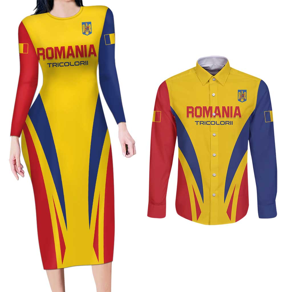 Custom Romania 2024 Football Couples Matching Long Sleeve Bodycon Dress and Long Sleeve Button Shirt Come On Tricolorii - Wonder Print Shop