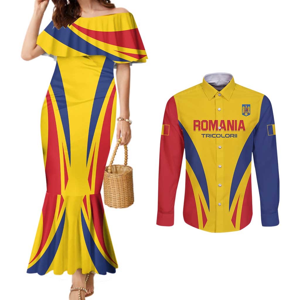 Custom Romania 2024 Football Couples Matching Mermaid Dress and Long Sleeve Button Shirt Come On Tricolorii