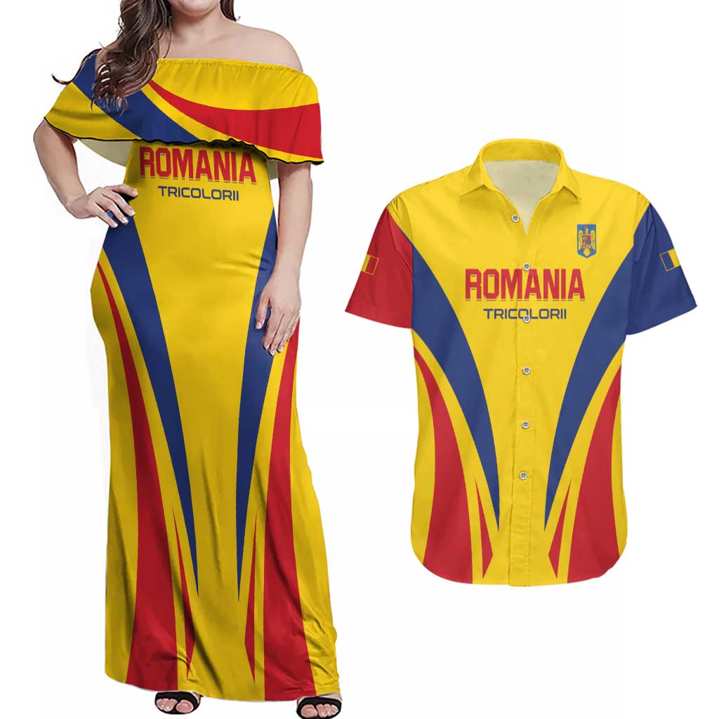 Custom Romania 2024 Football Couples Matching Off Shoulder Maxi Dress and Hawaiian Shirt Come On Tricolorii - Wonder Print Shop