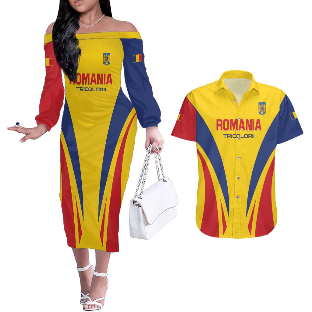 Custom Romania 2024 Football Couples Matching Off The Shoulder Long Sleeve Dress and Hawaiian Shirt Come On Tricolorii - Wonder Print Shop