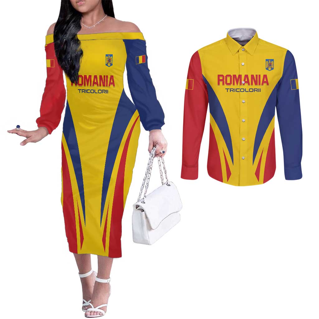 Custom Romania 2024 Football Couples Matching Off The Shoulder Long Sleeve Dress and Long Sleeve Button Shirt Come On Tricolorii