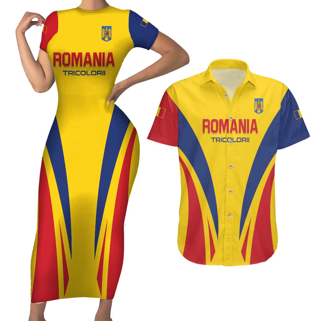 Custom Romania 2024 Football Couples Matching Short Sleeve Bodycon Dress and Hawaiian Shirt Come On Tricolorii - Wonder Print Shop