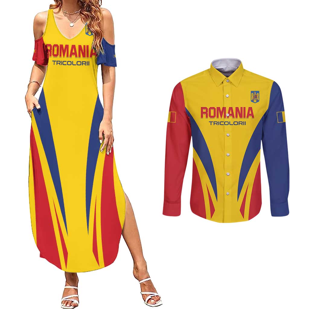 Custom Romania 2024 Football Couples Matching Summer Maxi Dress and Long Sleeve Button Shirt Come On Tricolorii - Wonder Print Shop