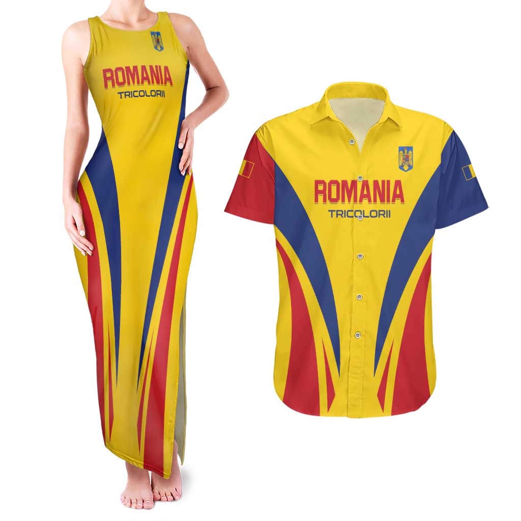 Custom Romania 2024 Football Couples Matching Tank Maxi Dress and Hawaiian Shirt Come On Tricolorii - Wonder Print Shop