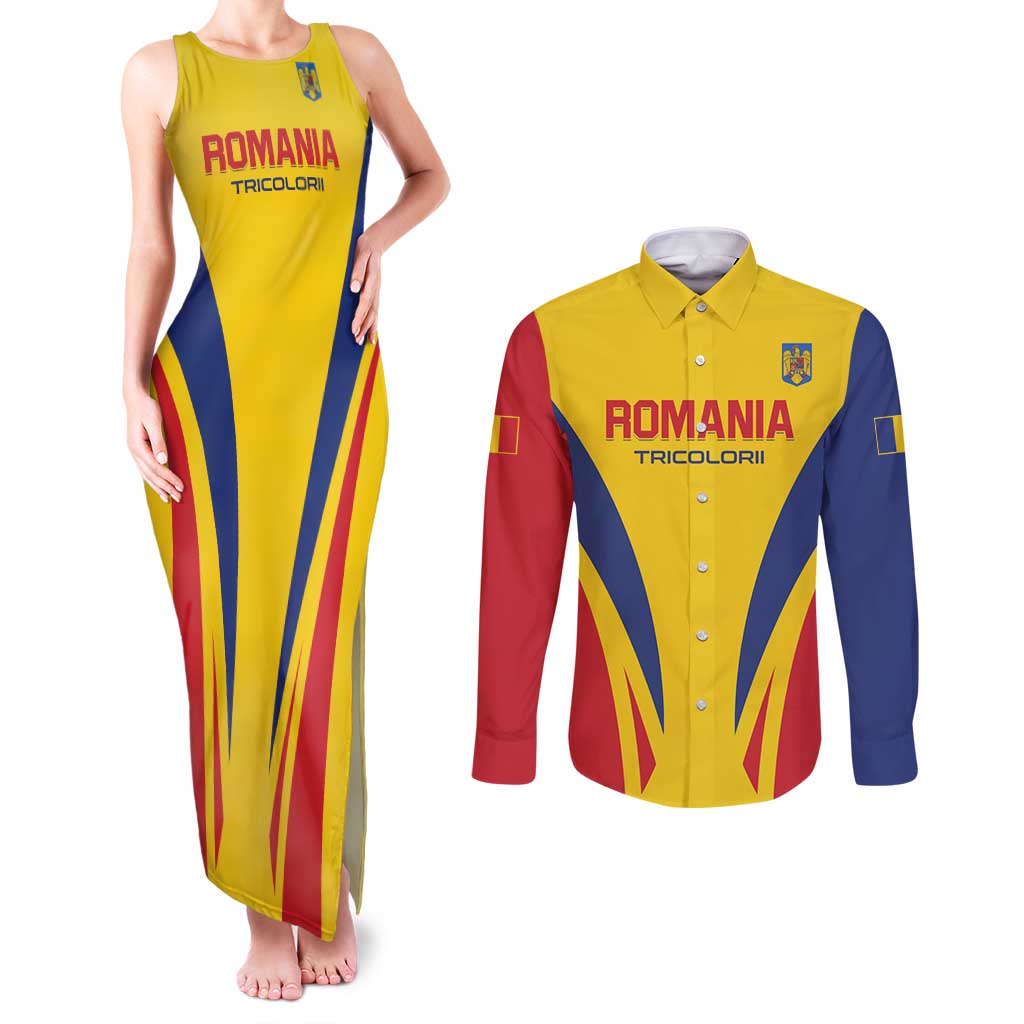 Custom Romania 2024 Football Couples Matching Tank Maxi Dress and Long Sleeve Button Shirt Come On Tricolorii - Wonder Print Shop