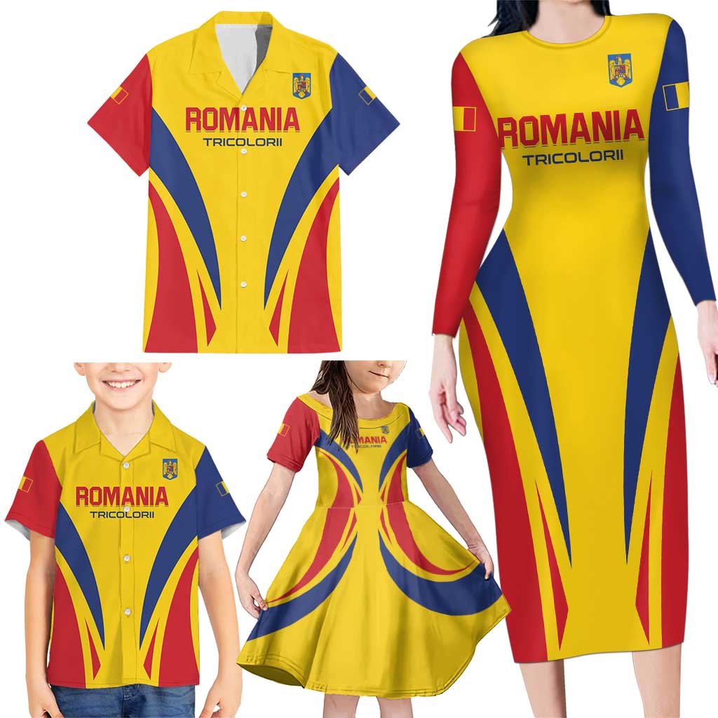 Custom Romania 2024 Football Family Matching Long Sleeve Bodycon Dress and Hawaiian Shirt Come On Tricolorii - Wonder Print Shop