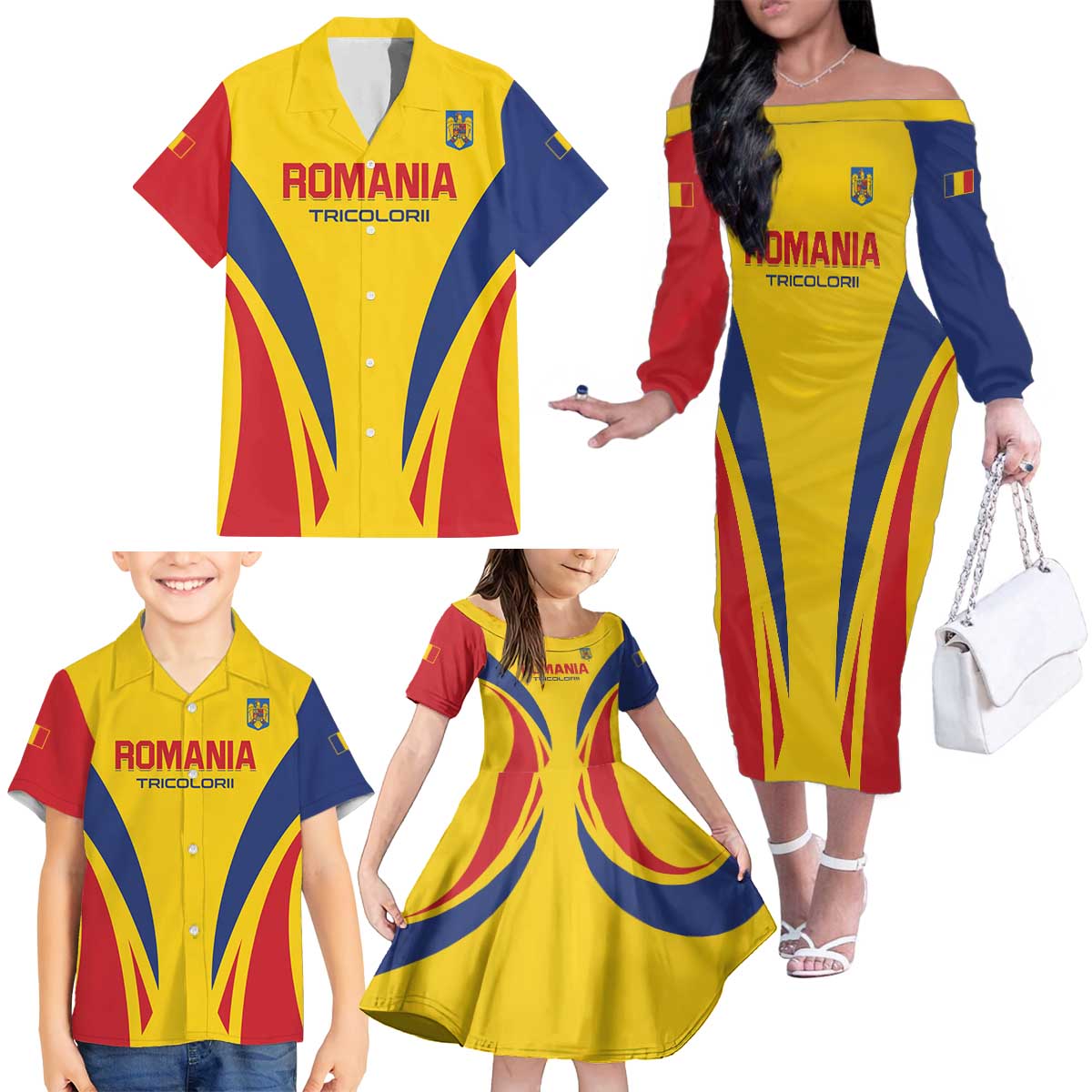 Custom Romania 2024 Football Family Matching Off The Shoulder Long Sleeve Dress and Hawaiian Shirt Come On Tricolorii - Wonder Print Shop