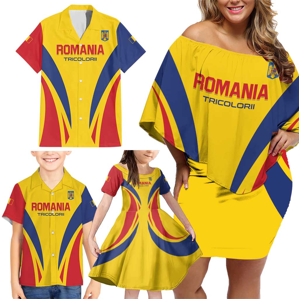 Custom Romania 2024 Football Family Matching Off Shoulder Short Dress and Hawaiian Shirt Come On Tricolorii - Wonder Print Shop