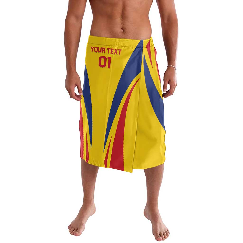 Custom Romania football lavalava sarong in yellow with blue/red graphics and '01' front
