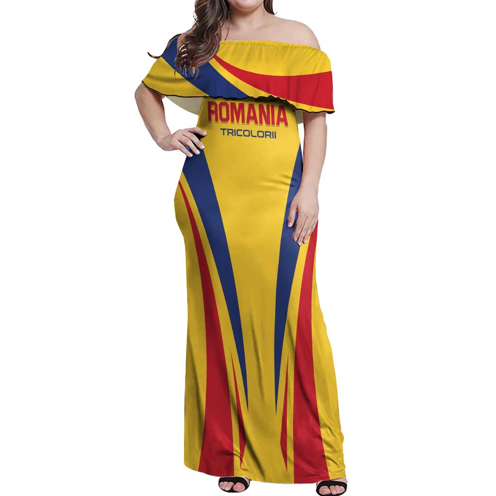 Custom Romania 2024 Football Off Shoulder Maxi Dress Come On Tricolorii - Wonder Print Shop