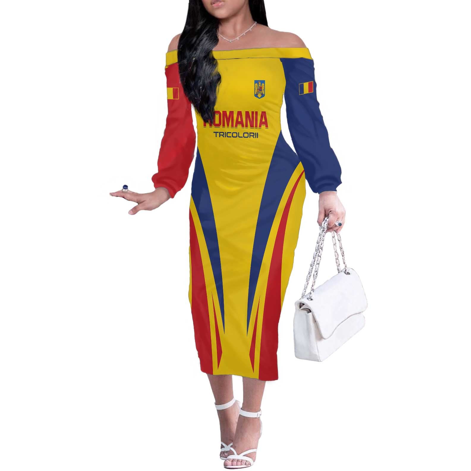 Custom Romania 2024 Football Off The Shoulder Long Sleeve Dress Come On Tricolorii - Wonder Print Shop