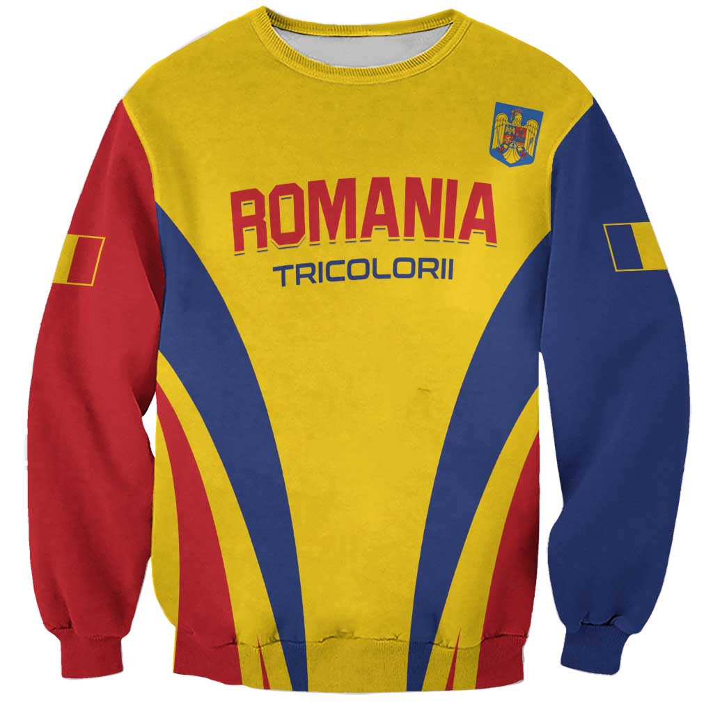 Yellow football sweatshirt with 'ROMANIA' 'TRICOLORII' crest, red/blue sleeves, V stripes