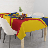 Romania tricolor tablecloth on dining table with centerpiece, red blue yellow