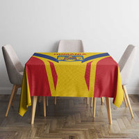 Romania tricolor tablecloth on table with chairs, red blue and yellow pattern