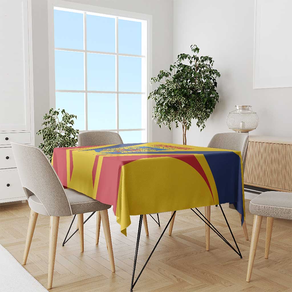 Romania tricolor tablecloth on dining table with chairs, red blue and yellow