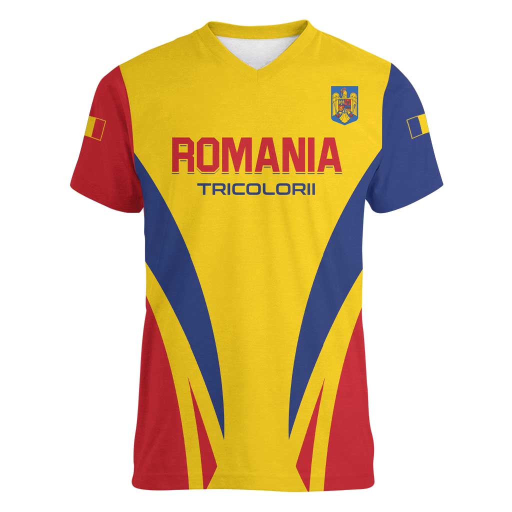 Custom Romania 2024 Football Women V-Neck T-Shirt Come On Tricolorii - Wonder Print Shop