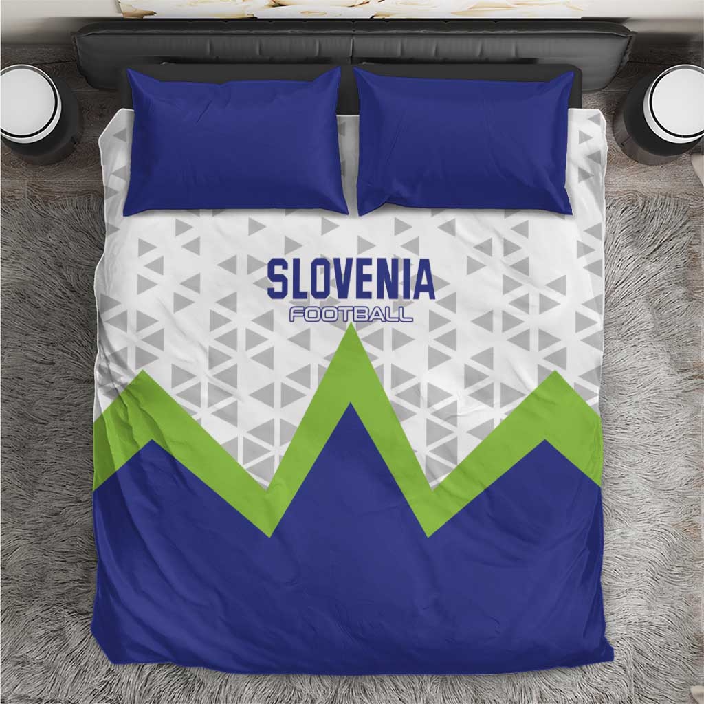 Blue-and-green Slovenia football bedding set with white geometric print and 2 pillowcases