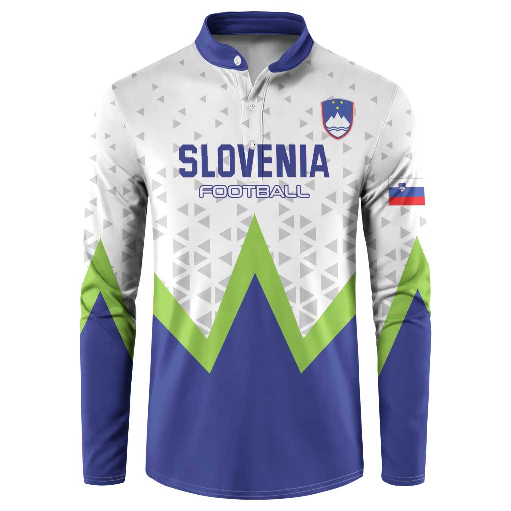 White and blue football button sweatshirt with green chevron trim and Slovenia crest