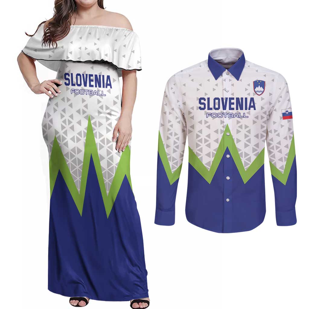 Custom Slovenia 2024 Football Couples Matching Off Shoulder Maxi Dress and Long Sleeve Button Shirt Slovenija Go Champions - Wonder Print Shop