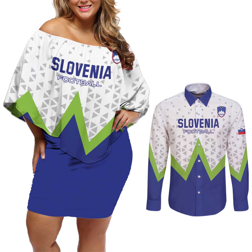 Custom Slovenia 2024 Football Couples Matching Off Shoulder Short Dress and Long Sleeve Button Shirt Slovenija Go Champions - Wonder Print Shop