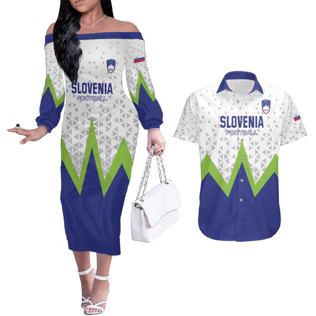 Custom Slovenia 2024 Football Couples Matching Off The Shoulder Long Sleeve Dress and Hawaiian Shirt Slovenija Go Champions - Wonder Print Shop