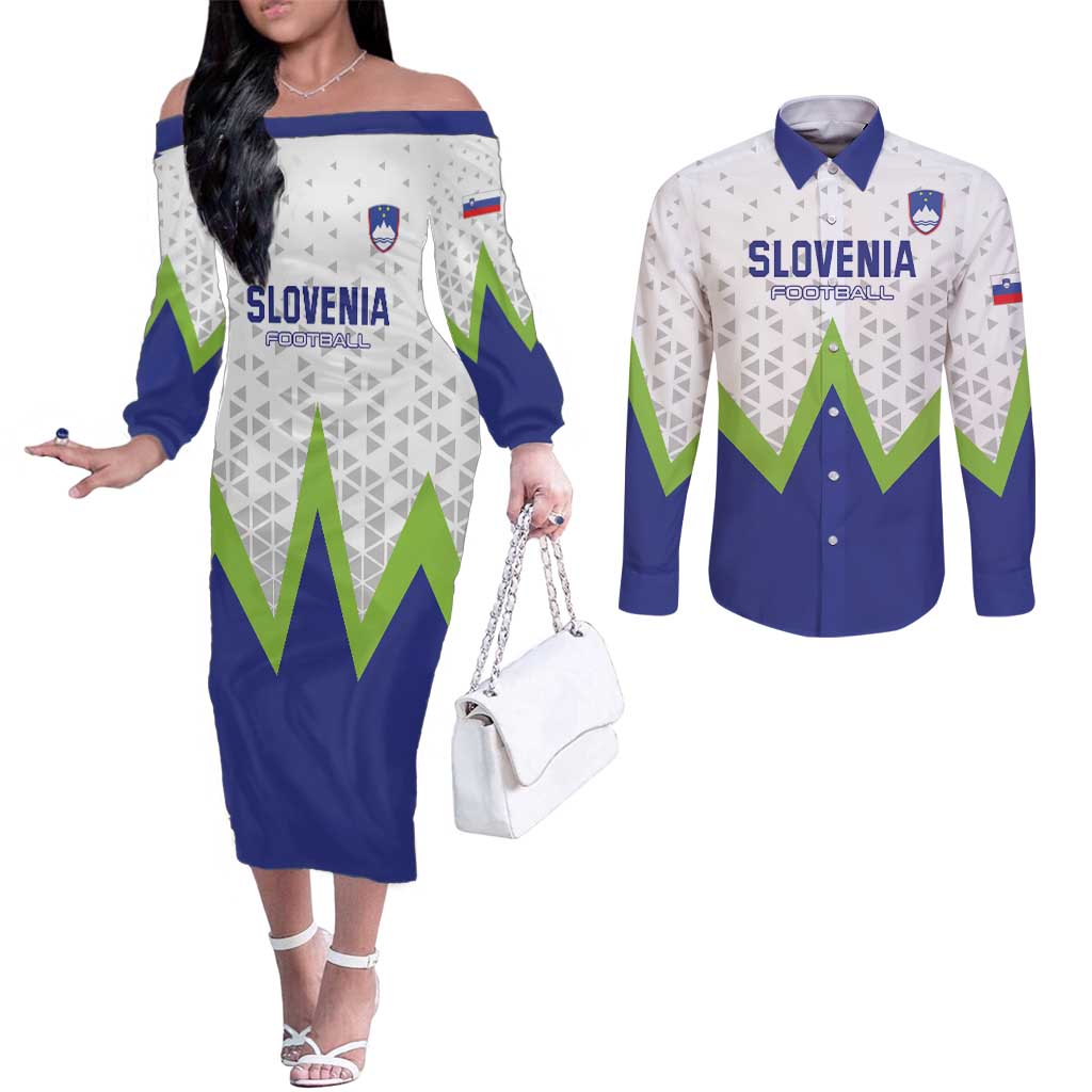 Custom Slovenia 2024 Football Couples Matching Off The Shoulder Long Sleeve Dress and Long Sleeve Button Shirt Slovenija Go Champions